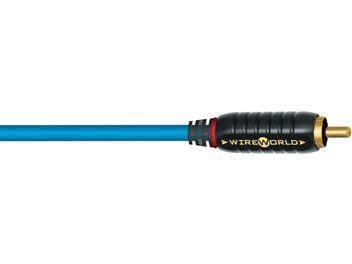 Μπλε και κόκκινο καλώδιο υπογούφερ Wireworld Stream με επιχρυσωμένους συνδέσμους, μαύρη πλεκτή μόνωση και λευκές σημάνσεις