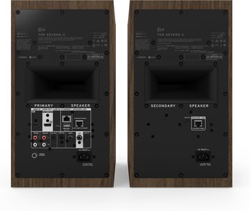 Coppia di diffusori connessi Klipsch The Sevens II noce, vista posteriore con connettori primario e secondario