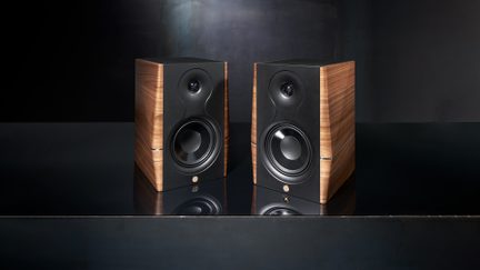 Coppia di diffusori da scaffale hi-fi in legno di noce con frontale nero, woofer e tweeter a vista, vista frontale