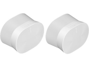 Two matte white Sonos Era 300 wireless speakers with a tapered cylindrical shape, side by side, viewed at an angle