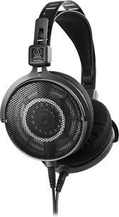 Sluchátka Audio Technica ATH-R70xa – otevřená hifi kabelová černá, plastová a kovová konstrukce, kulaté náušníky s včelími plástvovými mřížkami, sametové polstrování, prodyšný oblouk s podpůrným pásem, výměnné kabely zobrazené v tříčtvrtečním pohledu