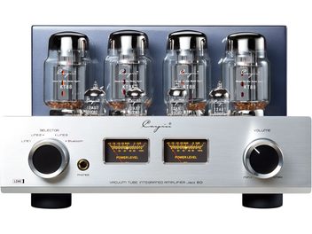 Cayin Jazz 80 Stereo-Röhrenverstärker in silbernem, gebürstetem Aluminium, Frontansicht, mit vier KT88-Glasröhren oben, zwei orange hinterleuchteten VU-Metern in der Mitte, Wahlschalter und Kopfhöreranschluss links, großem Lautstärkeregler rechts