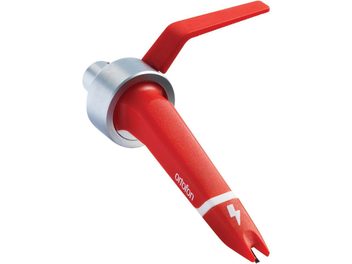 Celulă Ortofon Concorde MKII DIGITAL roșie și gri, vedere laterală, vârful acului vizibil, corp din plastic, conector în spate