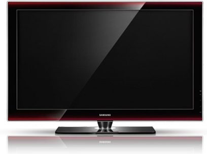 Samsung LE52A756 fladskærms-TV, rød højglans ramme, stort rektangulært sort skærmbillede, sort base, set forfra
