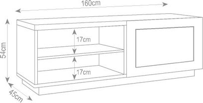Rektangulært sort TV-møbel med 2 åbne hylder og 1 dør, mål 160 cm bred, 54 cm høj, 45 cm dyb
