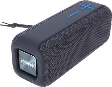 Altoparlante bluetooth Yourban Getone 40, forma rettangolare, tessuto grigio, pulsanti del volume blu, vista in prospettiva, angolo arrotondato