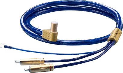Ortofon 6NX-TSW 1010L phono-kabel 1,20 m blå med blank PVC-kappe, guldbelagte RCA-stik hvoraf det ene er markeret med rød, separat blå jordledning og guldfarvet ring med logo, set i let fugleperspektiv