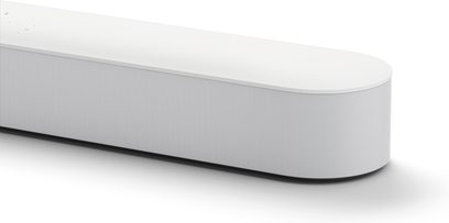 Sonos Beam hvid soundbar, set forfra, aflang rektangulær form med afrundede hjørner, mat hvid tekstureret overflade