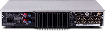 Arcam Solo Neo high-fidelity system, front view, silver facade with buttons and inputs, blue digital display