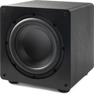 Subwoofer Paradigm Essentials Sub 10 cubic negru cu suprafață texturată, difuzor central circular și 4 șuruburi vizibile