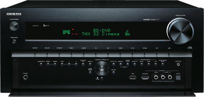 Onkyo TX-NR929 sort hjemmebiografsforstærker, set forfra, grøn display "BD/DVD THX S2 Cinema 3D", sort front med knapper