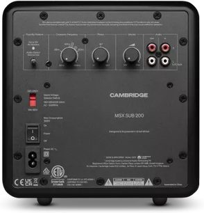 Cambridge Audio MSX Sub 200 žemųjų dažnių garsiakalbis, juodas, galinis vaizdas su reguliatoriais, RCA įėjimais ir maitinimo lizdu