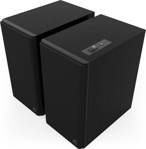 Paar schwarze Lautsprecher Klipsch The Sevens II, Ausführung in schwarzer Holzoptik mit Frontgittern und Bedienelement auf der Oberseite