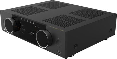 Černý integrovaný stereo hi-fi zesilovač Onkyo Y-40 s velkým centrálním displejem, dvěma velkými kulatými ovladači a předním USB portem