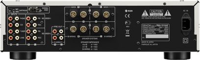 Denon PMA-1510AE stereo hi-fi forstærker, bagside, audio- og strømtilslutninger, afbryder, impedansomskifter
