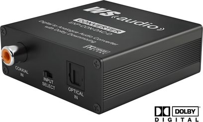 Аудіоконвертер DAC Wyrestorm EXP-CON-DAC-D чорний, вигляд спереду, з коаксіальними та оптичними роз’ємами і перемикачем на передній панелі