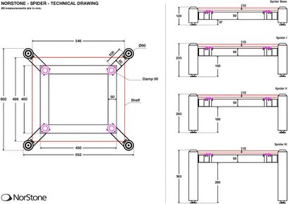 Estante adicional Norstone Spider I negro, diagrama técnico con dimensiones en mm, 4 vistas frontal y lateral