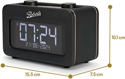 Roberts Revival Rest siyah suni deri radyo-çalma saati, altın renkli kenar detaylı kompakt dikdörtgen kasa, ön panelde dijital LCD ekran, üst kısmında iki yuvarlak düğme, sağ ön üç çeyrek görünüm