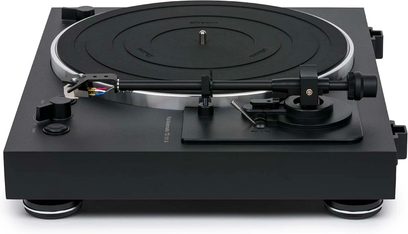 Giradischi Thorens TD 101 A nero opaco, vista dall'alto, braccio di lettura con testina, piatto, sollevamento braccio, manopole di regolazione