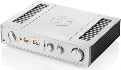 Amplificatore Hi-Fi integrato stereo Rose RA280 argento con pannello frontale in alluminio, vumeter retroilluminati e grandi potenziometri sul frontale