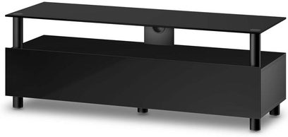 Sonorous TRN2130 sort audio-/videomøbel, frontvisning, 2 niveauer, 1 central skuffe, rektangulær mat sort struktur, firkantede ben