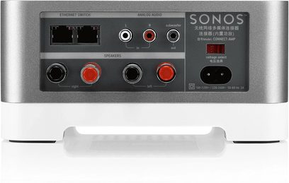 Sonos CONNECT:AMP zilveren hi-fi stereo-versterker, voorzijde met analoge audio-aansluitingen en Ethernet, knoppen en indicatielampjes