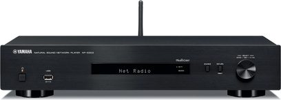 Yamaha NP-S303 sort netværksaudioafspiller, set forfra, sort front med LCD-skærm, knapper og kontrolknap