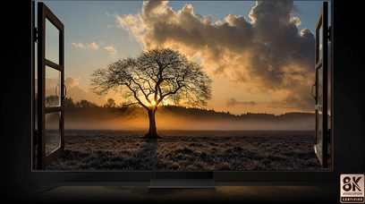 Træ uden blade ved solnedgang på en mark, orange skyet himmel, åbent vindue med udsigt over landskabet
