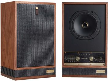 Due diffusori Fyne Audio Classic VIII SM in noce, vista frontale, griglia in tessuto grigio, altoparlante coassiale, due manopole