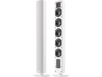 Juhtmevaba ühendatud kõlar Piega Ace 50 Wireless (TX + RT) valge, vaade eest ja küljelt, 5 nähtavat kõlarit