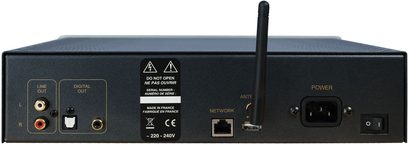 Atoll Elektronikos MS100 sidabrinės spalvos tinklo garso grotuvas, galinė pusė, garso ir tinklo jungtys, maitinimo jungiklis