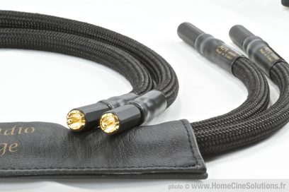 Sortbundet RCA-lydkabel med forgyldte RCA-stik, fotograferet forfra på en sort læderetuitetui med forgyldt logo