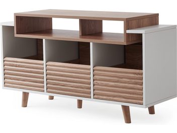 Møbel og oppbevaring for vinylspiller Norstone Design Oslo 1200 hvit/lys eik, rektangulær struktur, 4 skråstilte ben, 3 nedre rom med fronter i rillet tre, 2 åpne øvre hyller, glatt finish