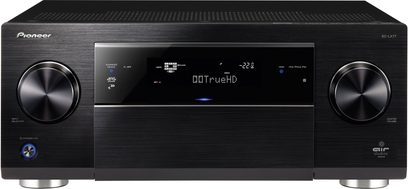 Pioneer SC-LX77-K sort hjemmebiografsforstærker, frontpanel, frontvisning, blå skærm, to sølvfarvede drejeknapper
