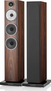 Boxe podea Bowers & Wilkins 704 S3 culoare moca, lemn întunecat, 3 difuzoare rotunde negre, tweeter argintiu, bază neagră