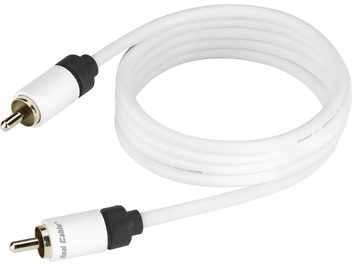 Hvit Real Cable SUB-1 lydkabel på 5 meter med svarte og gullbelagte RCA-kontakter, i en løs løkke