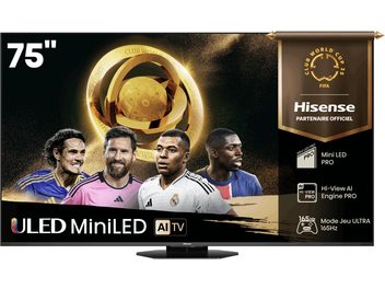 TV Hisense 75U8Q 75", edestä nähtynä, ohut musta kehys (materiaali ei määritelty), keskellä oleva jalusta, näyttö urheiluaiheisilla kuvilla ja logoilla