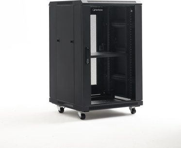 Norstone Pro Rack 18U must arvutiriiul musta värvi, klaasist perforeeritud uks, täiskülgpaneelid, rattad ja sisemine riiul