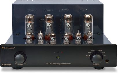 Amplificatore hi-fi a valvole PrimaLuna EVO 300 integrato nero, vista frontale, 8 valvole termoioniche allineate sulla parte superiore, pannello frontale nero con manopole