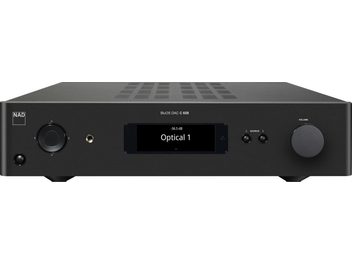 Stereo předzesilovač NAD C658 černý, pohled zepředu, digitální displej "Optical 1 -36,5 dB", tlačítka a konektory na čelním panelu