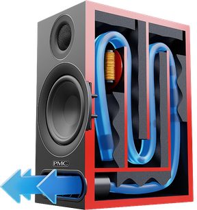 PMC Prodigy1 bookshelf speaker, 3/4 front view, matte black cabinet, blue woofers, black tweeter, red grille