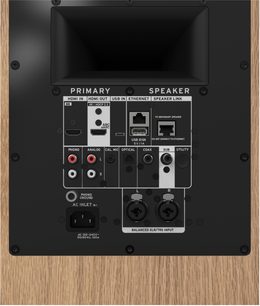 Tilkoblet høyttaler Klipsch The Nines II rød eik, bakpanel med HDMI-, phono-, USB- og XLR-innganger