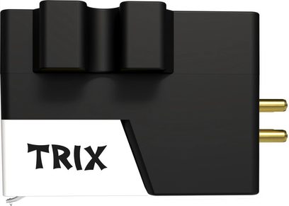 Schwarze und weiße Ortofon VNL TRIX-Tonabnehmerzelle, Kunststoffgehäuse, Seitenansicht, zwei sichtbare vergoldete Pins, TRIX-Logo