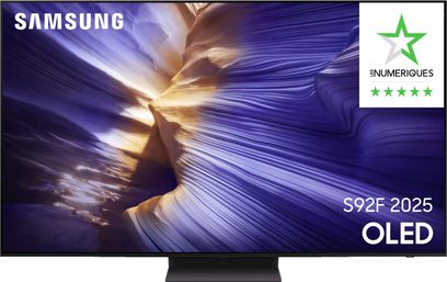 Samsung TQ65S92F 2025 OLED-tv, frontvisning, glaspanel, tynd sort ramme, rektangulært centralt stativ