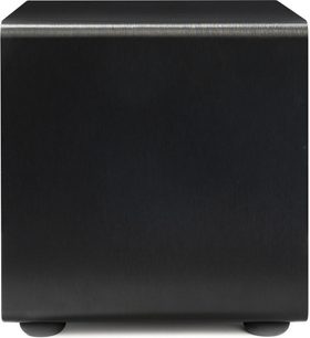 Paradigm Essentials Sub 10 kubisk svart subwoofer med glatt overflate, avrundede hjørner og 4 synlige føtter nederst