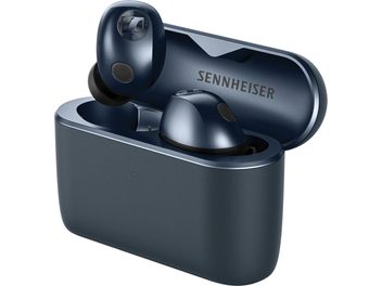 Écouteurs sans fil Sennheiser Momentum True Wireless 5 bleu avec boîtier de charge ouvert