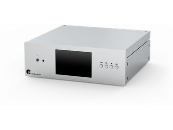 Pro-Ject CD Box RS2 transportas iš sidabrinio aliuminio, dešinės pusės priekinio kampo vaizdas, juodas ekranas ir keturi apvalių mygtukų