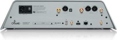 Olive 6HD sort netværksaudioafspiller, set forfra, audio- og netværksforbindelser på bagsiden, knapper og drejeknapper på toppen