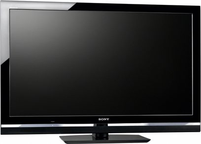 Sony KDL-52V5500 sort fladskærms-TV, set forfra med skærmen slukket, på grå og sort baggrund