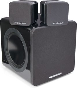 2.1 højttalersæt fra Cambridge Audio System 212 sort, 2 kubiske satellithøjttalere og 1 rektangulær basreflekskabinet, mat sort finish
